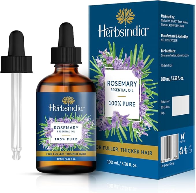 HerbsIndia Rosemary Essential Hair Oil with Glass Dropper – Pack of 2